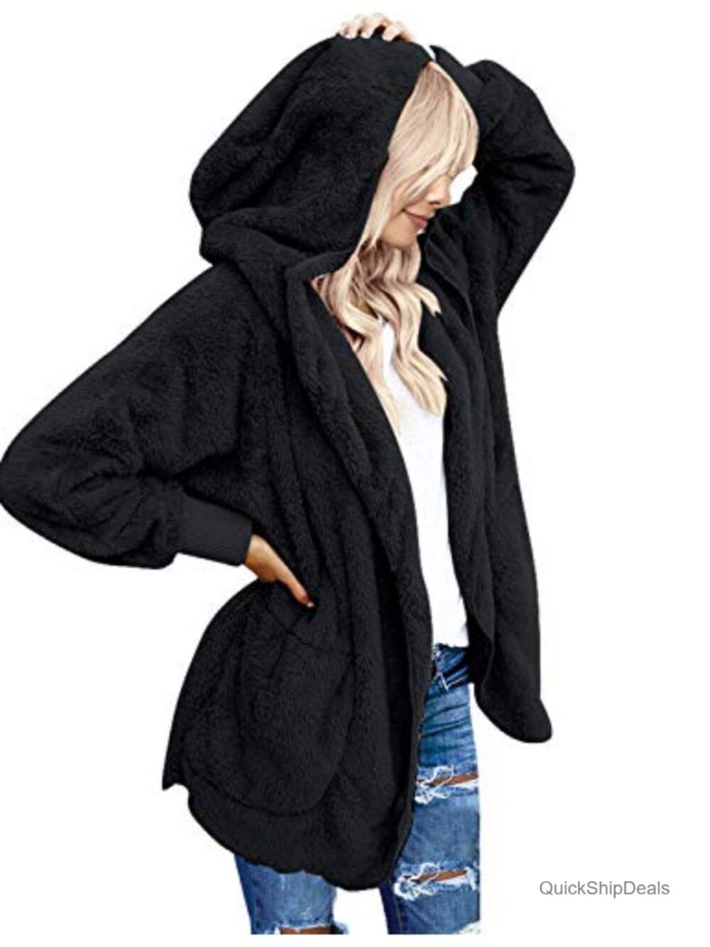 Faux Fur Hooded Oversized Fuzzy Sherpa Fleece Cardigan Coat